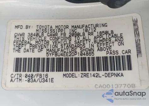 2013 Toyota Corolla Le from USA, damaged, VIN 5YFBU4EE2DP104865